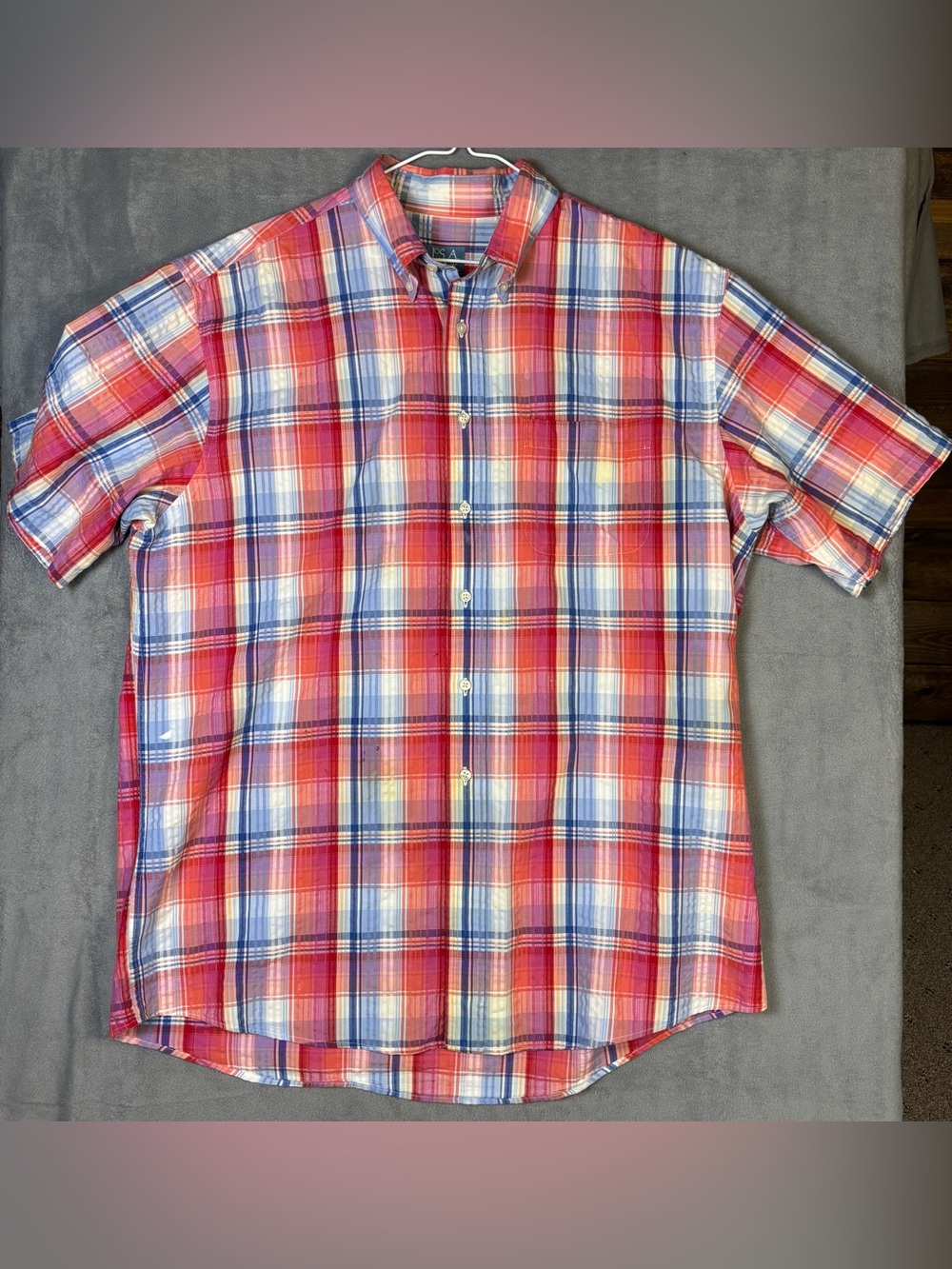 Jos A Bank Mens Large Plaid Short Sleeve Button Up Stays Cool Shirt Flaws Stains
